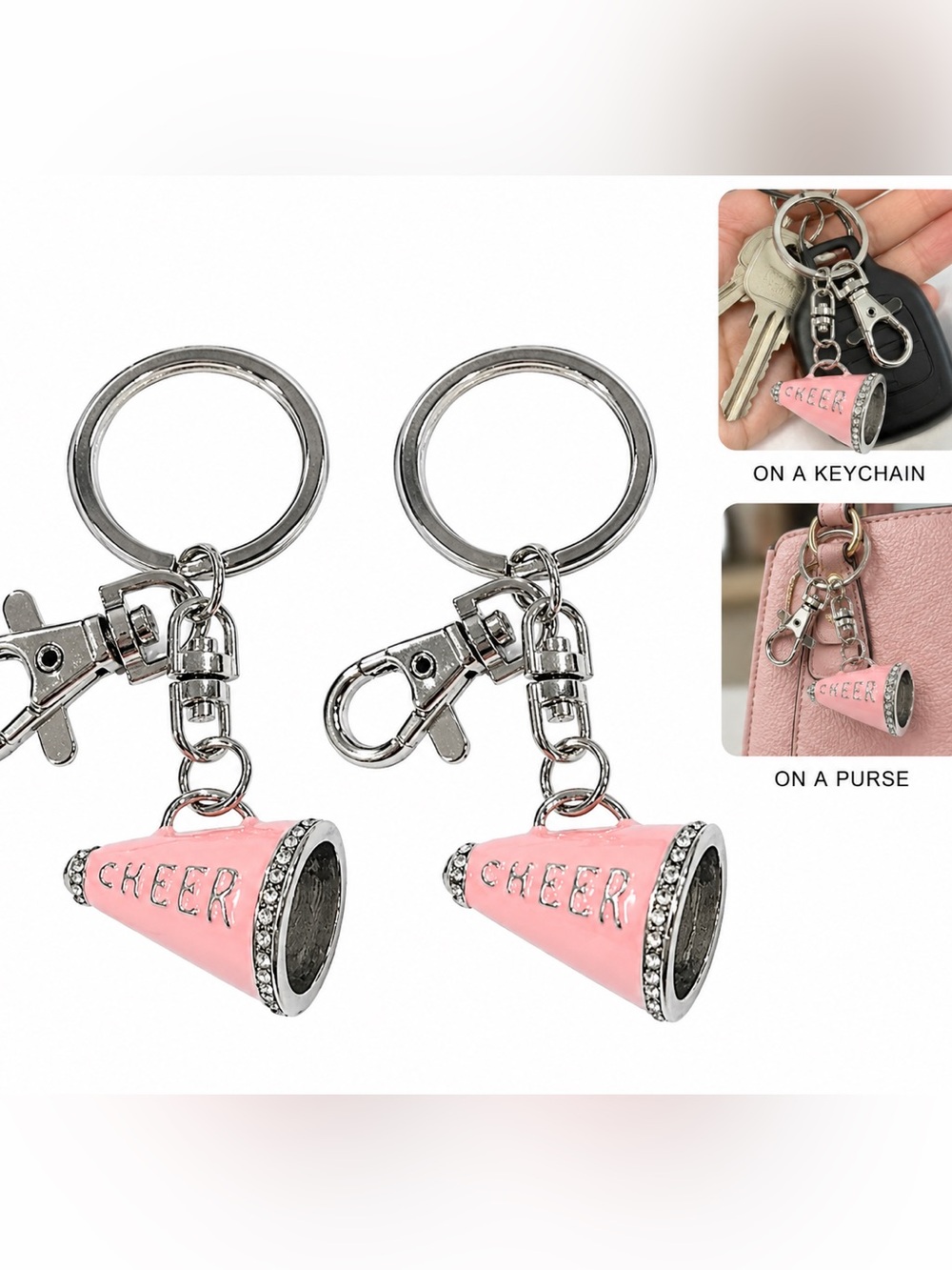 2 Pink Cheer enamel Megaphone silver Keychain purse bag Charm cheerleader gift